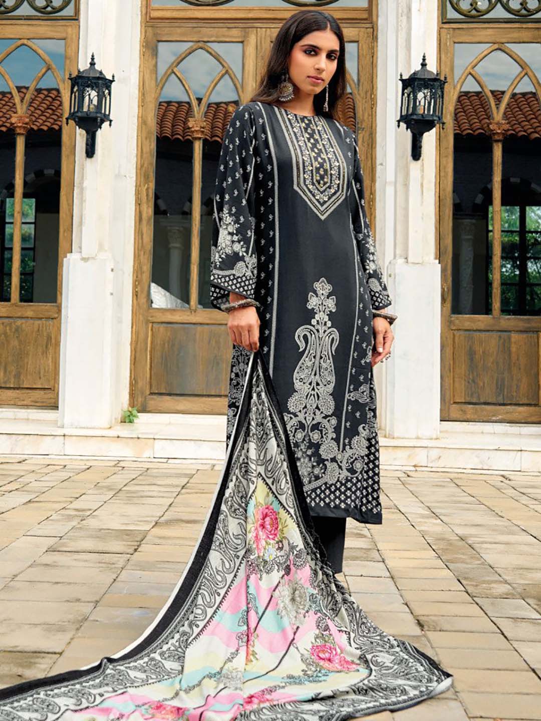 Woolen Unstitched Black Grey Winter Suit Dress Material with Zari Work