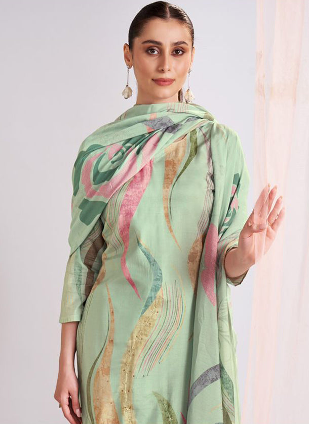 Green Pure Muslin Unstitched Salwar Suit Material for Women