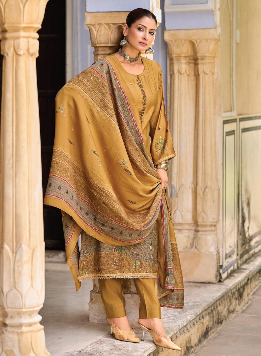 Fancy Muslin Silk Unstitched Salwar Suit Material for Women with Dupatta