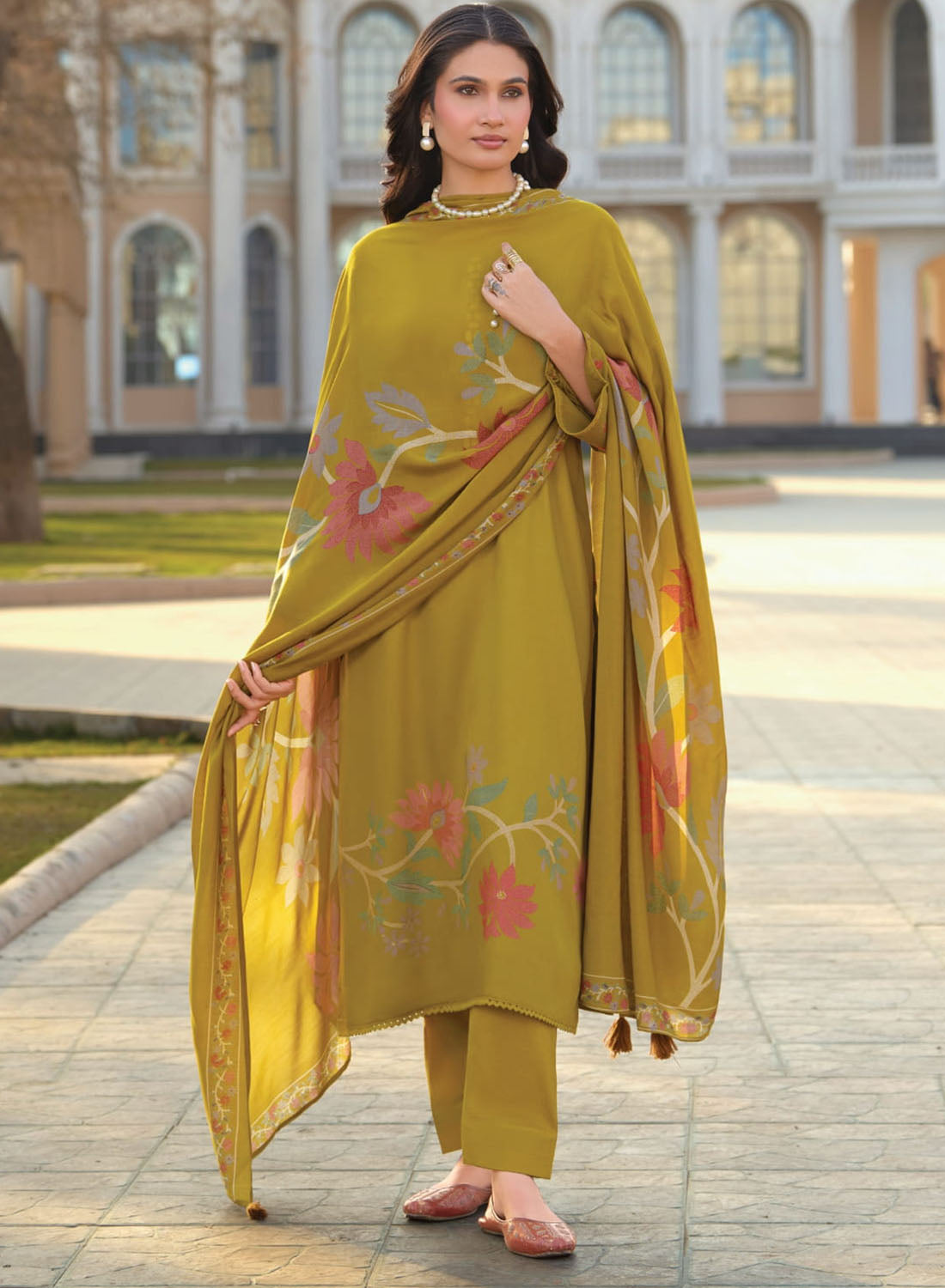 Party Wear Muslin Silk Mustard Unstitched Salwar Suit Material for Women