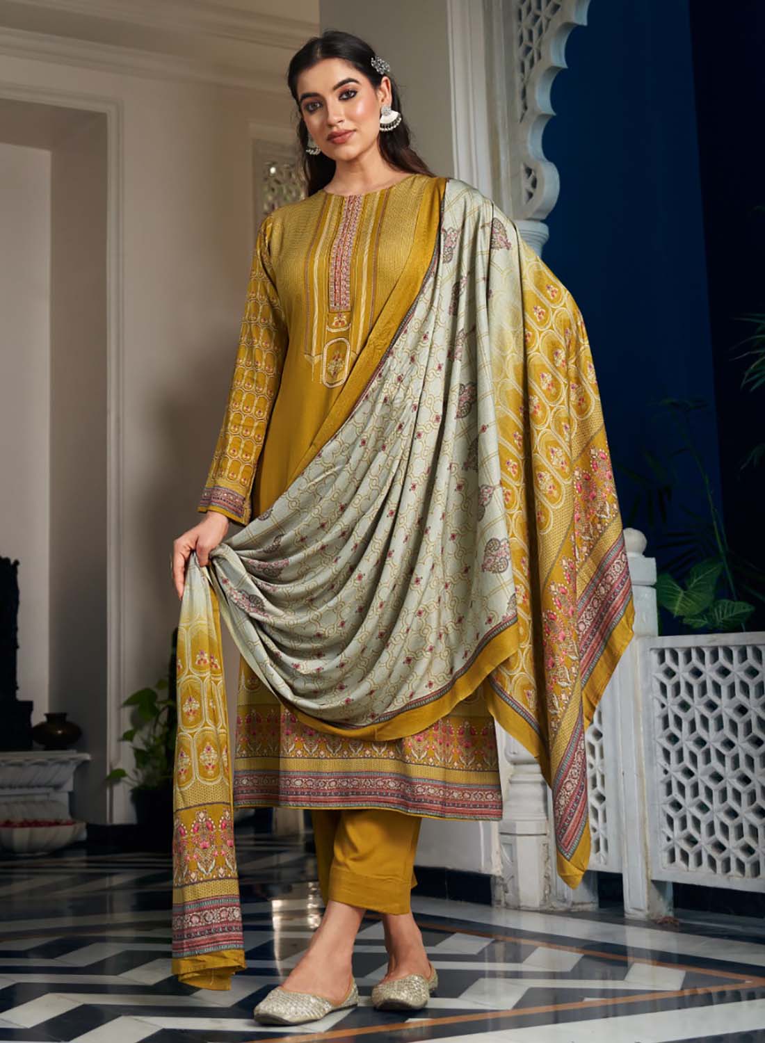 Mustard Unstitched Pashmina Winter Suit Dress Material for Women Stilento Mustard Unstitched Pashmina Winter Suit Dress Material for Women Stilento