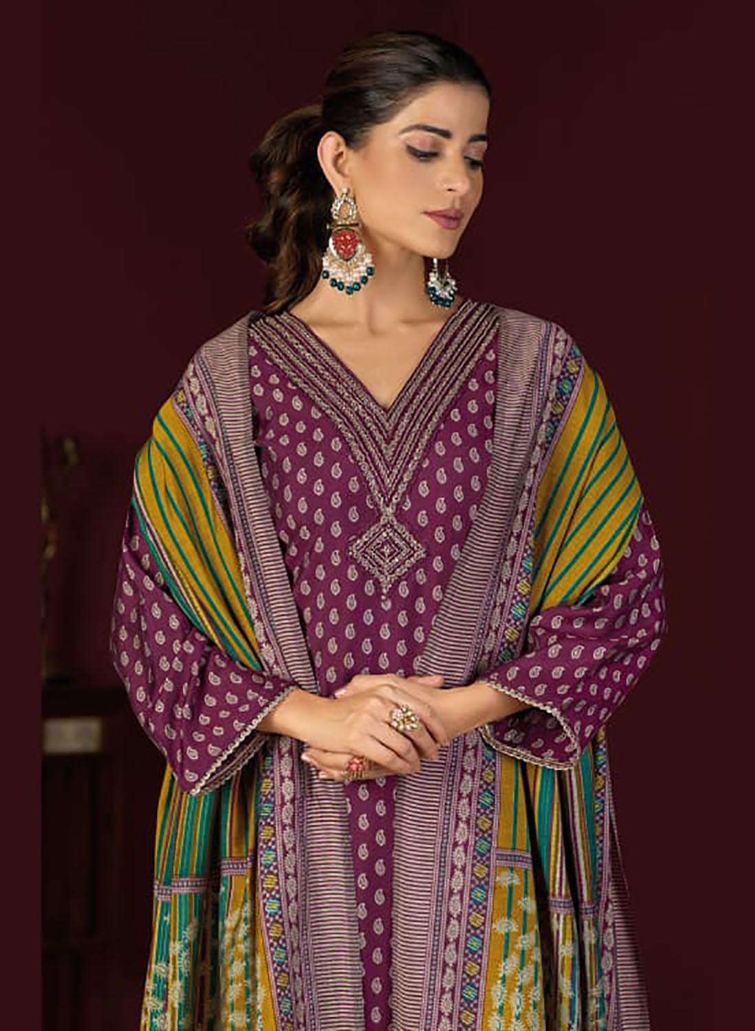 Party Wear Muslin Silk Purple Unstitched Suit Set Material with Embroidery