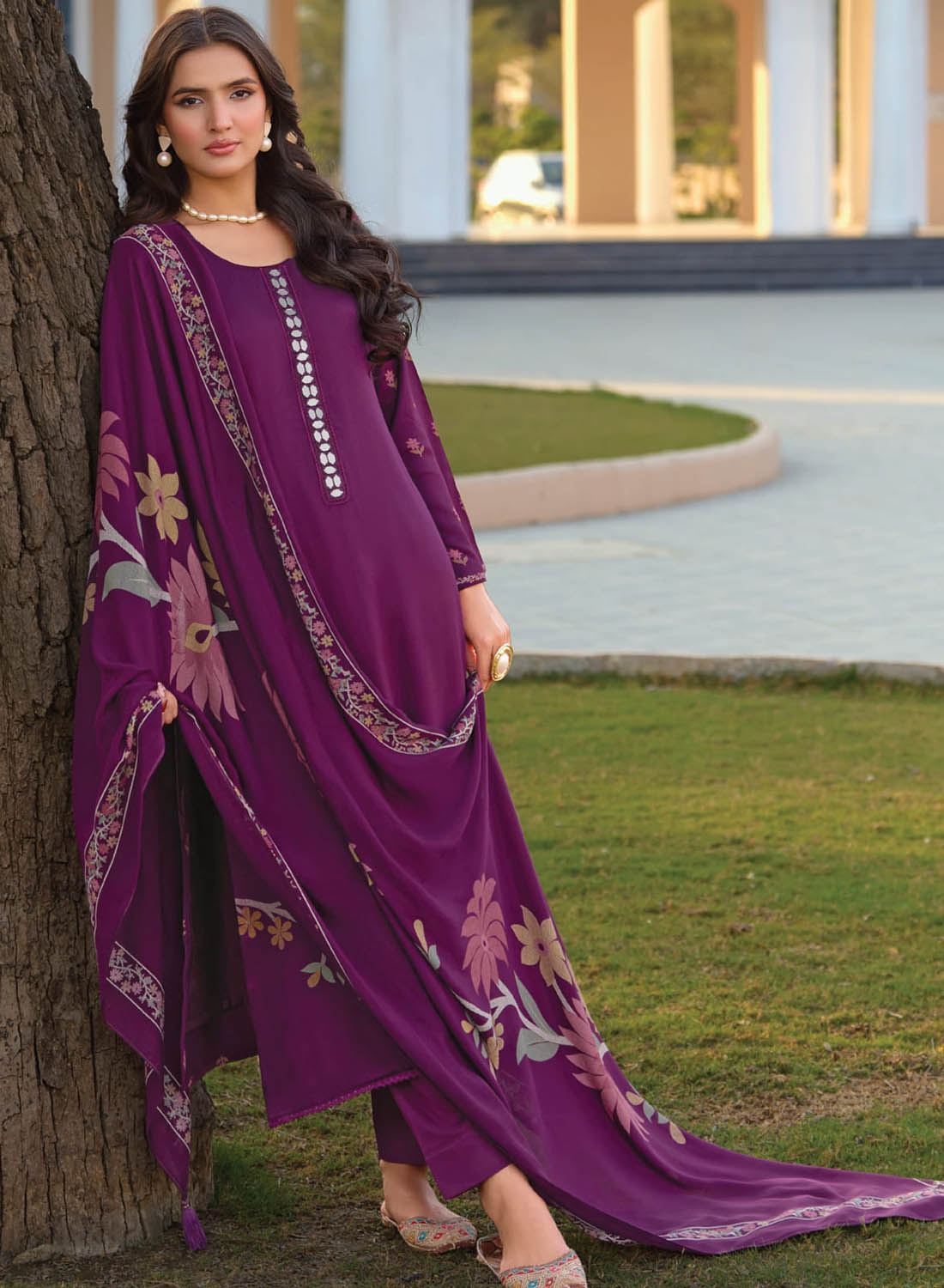 Party Wear Muslin Silk Purple Unstitched Salwar Suit Material for Women