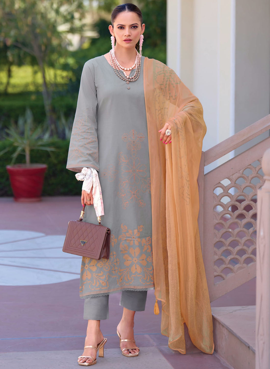 Fancy Pure Lawn Cotton Grey Unstitched Suit Dress Material for Women