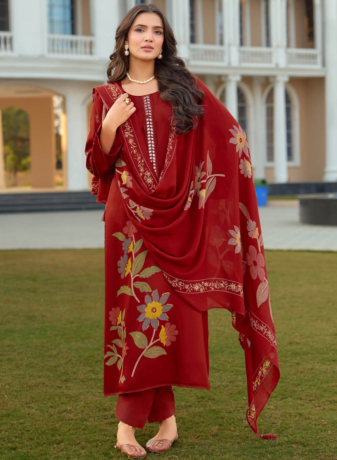 Party Wear Muslin Silk Maroon Unstitched Salwar Suit Material for Women