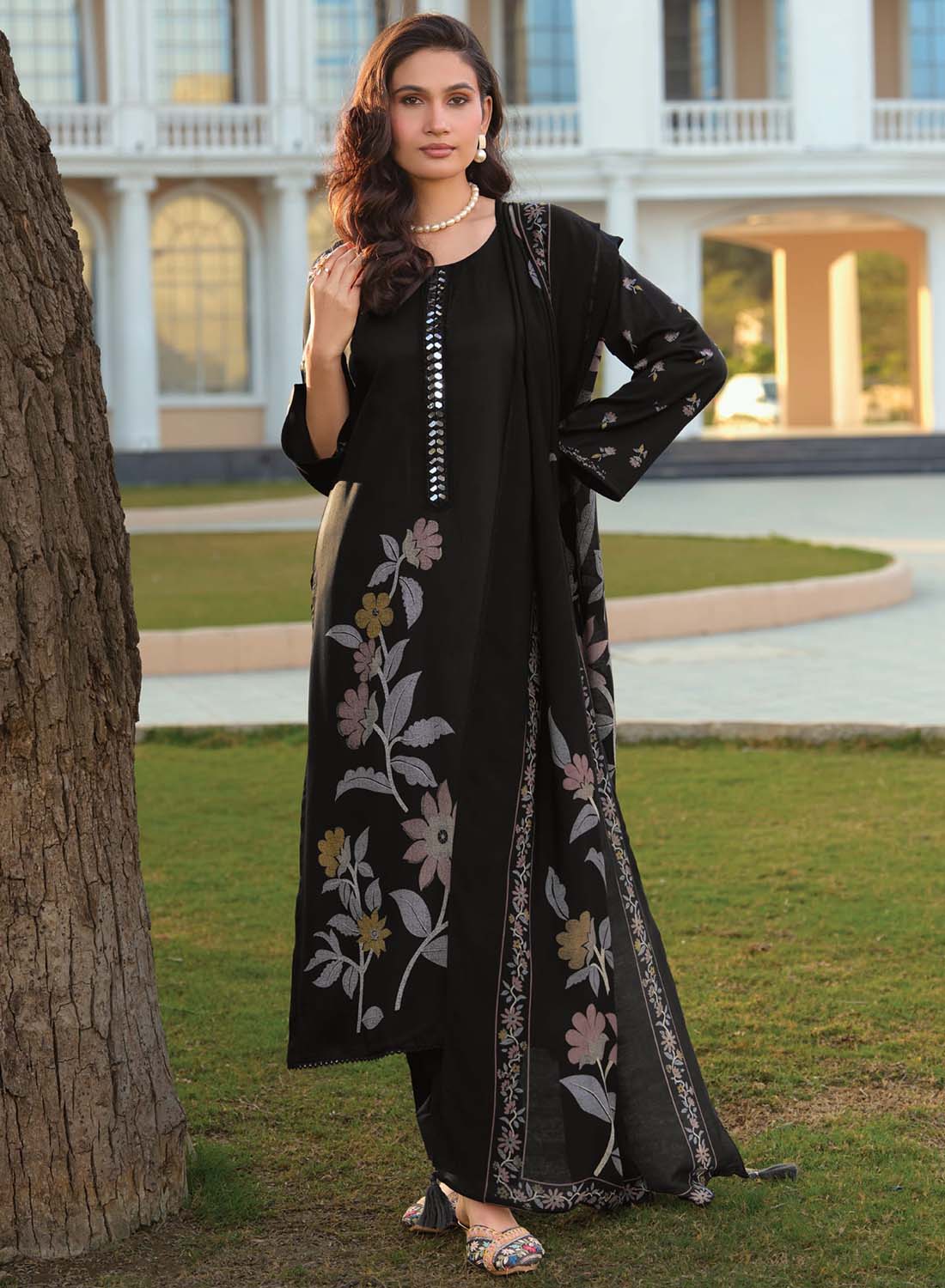 Party Wear Muslin Silk Black Unstitched Salwar Suit Material for Women