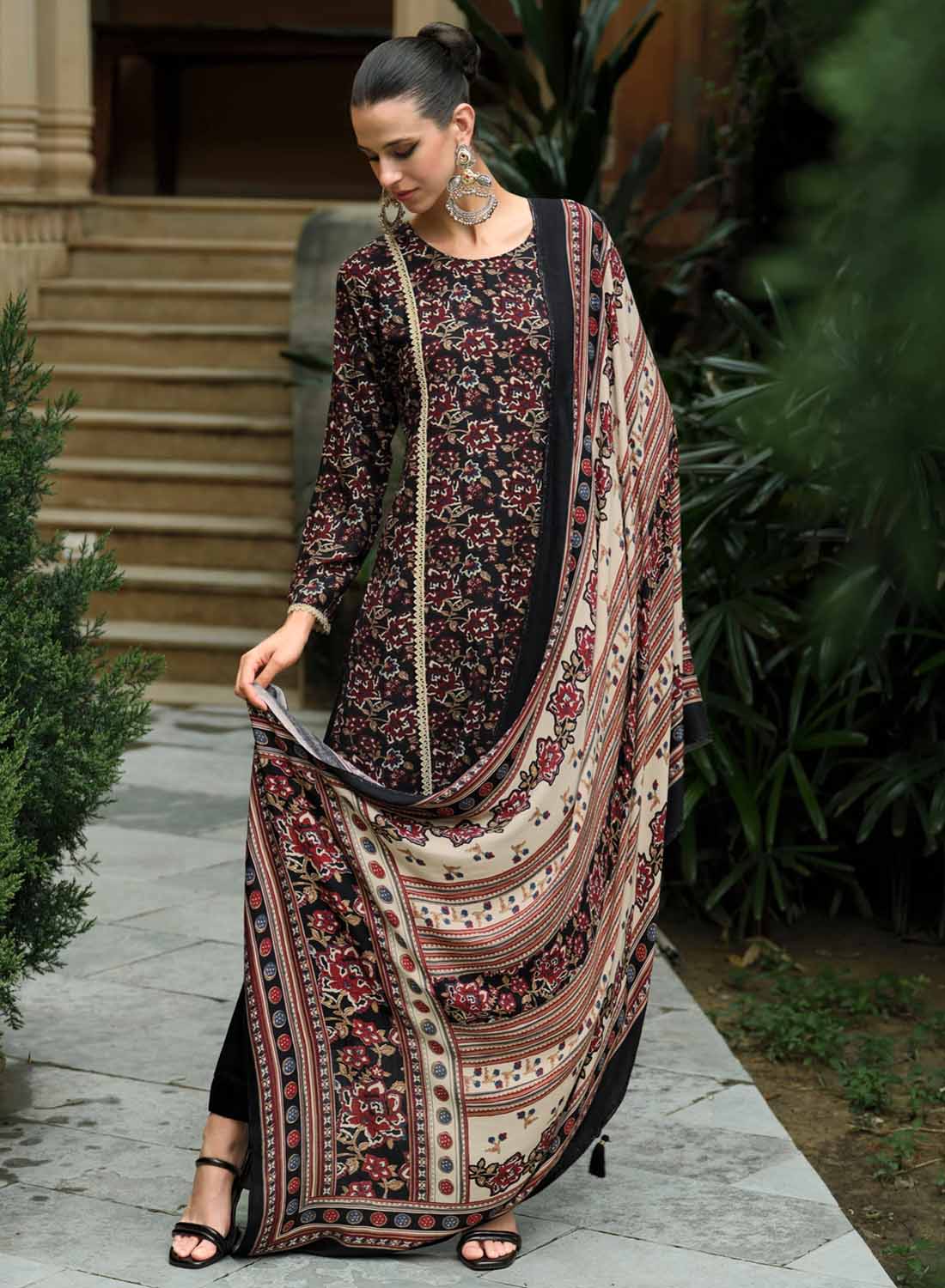 Black Unstitched Pashmina Winter Salwar Suit Set Material with Embroidery