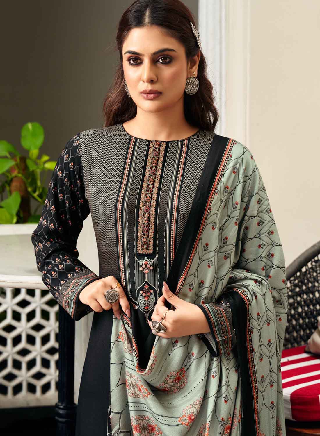 Black Unstitched Pashmina Winter Salwar Suit Dress Material for Women