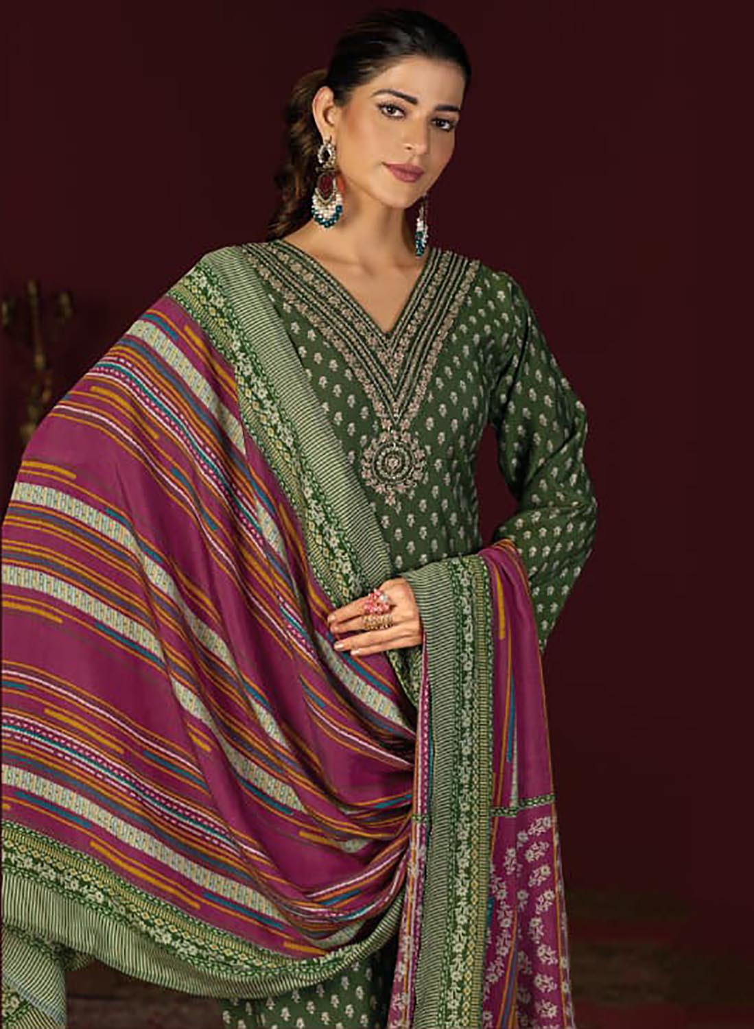 Party Wear Muslin Silk Green Unstitched Suit Set Material with Embroidery