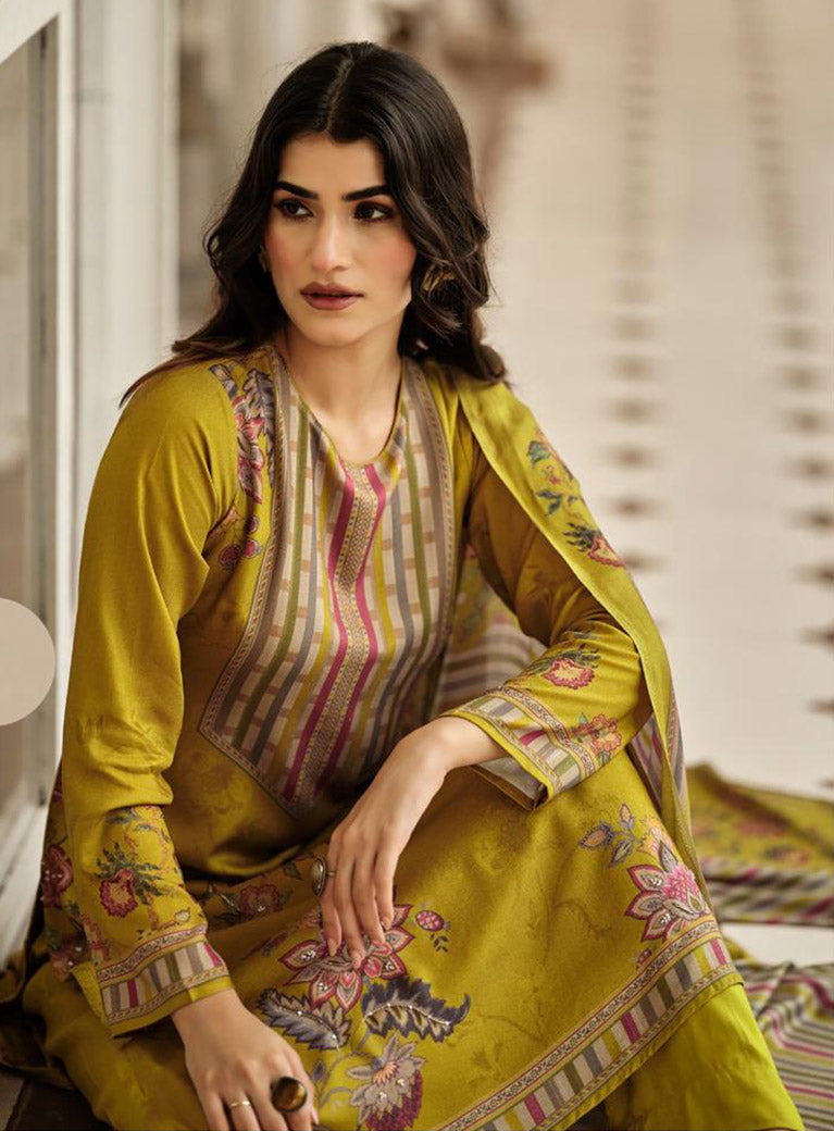 Green Winter Pashmina Unstitched Salwar Suit Dress Material for Women