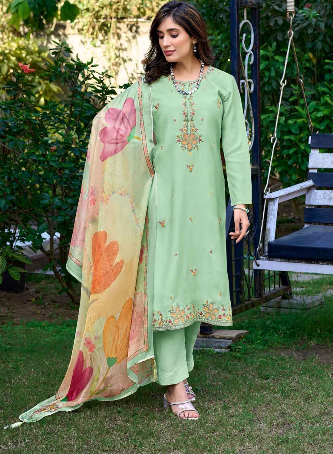 Party Wear Pure Muslin Silk Unstitched Suit Dress Material for Women