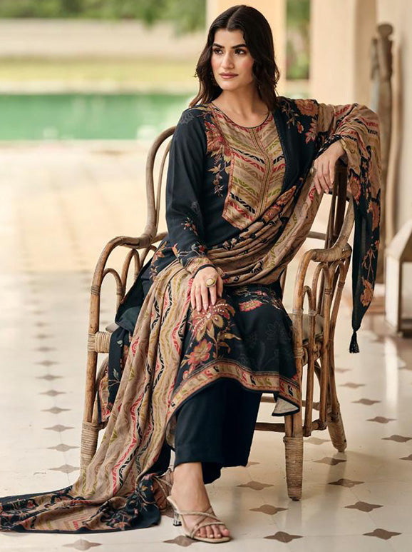 Black Winter Pashmina Unstitched Salwar Suit Set Material for Women