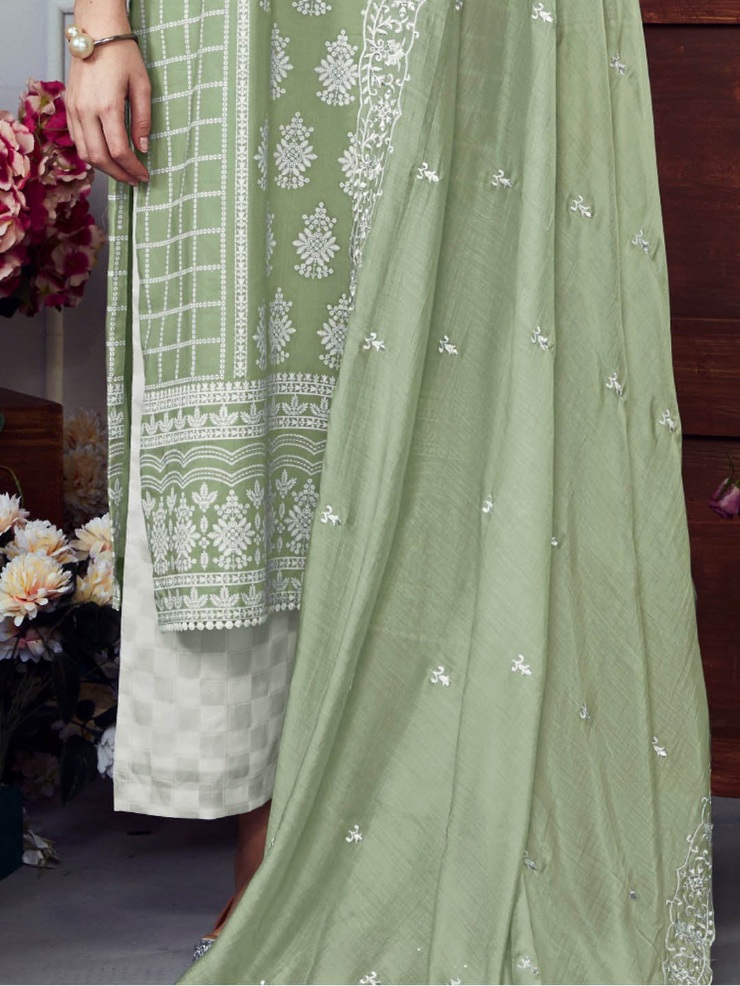 Kimora Unstitched Cotton Suit Set Dress Material Light Green