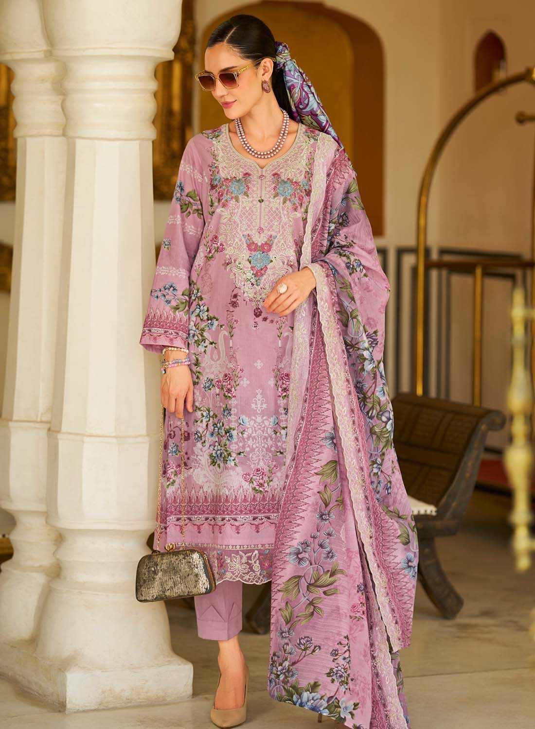 Pink Unstitched Pakistani Cotton Suit Material for Women with Embroidery