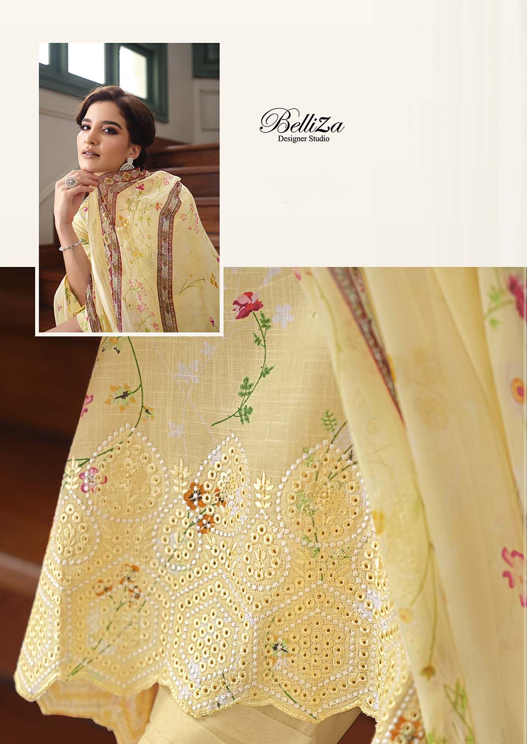 Belliza Cotton Linen Embroidered Unstitched Suit Set Yellow