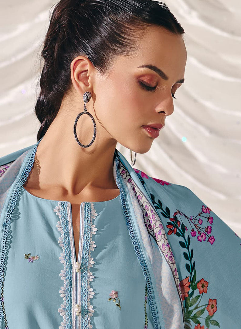 Kimora Embroidered Pure Cotton Lawn Unstitched Salwar Suit Material Blue