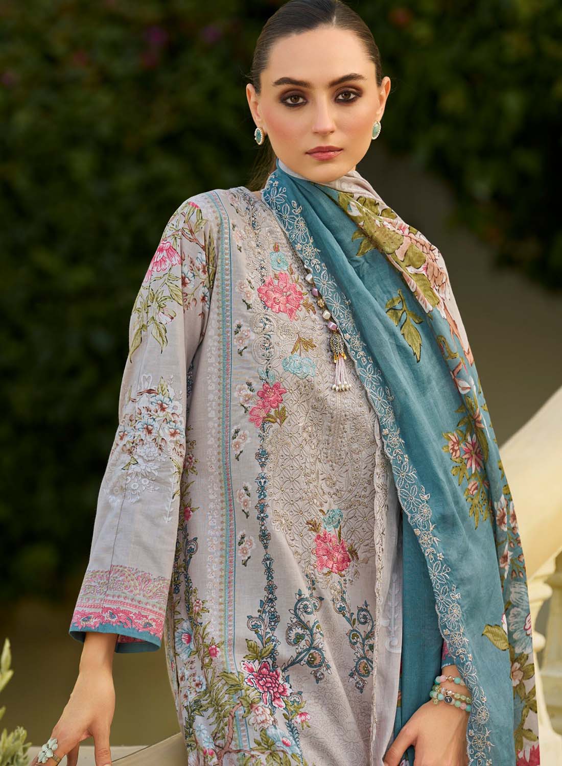 Grey Unstitched Pakistani Cotton Suit Dress Material with Embroidery
