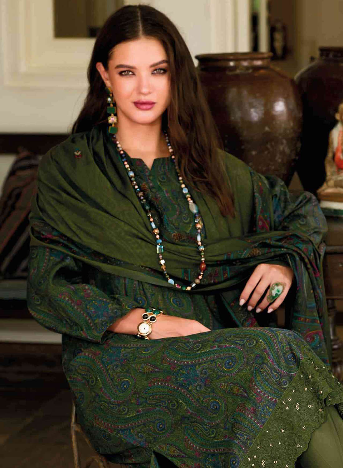 Green Viscose Modal Silk Unstitched Salwar Suit Material for Women