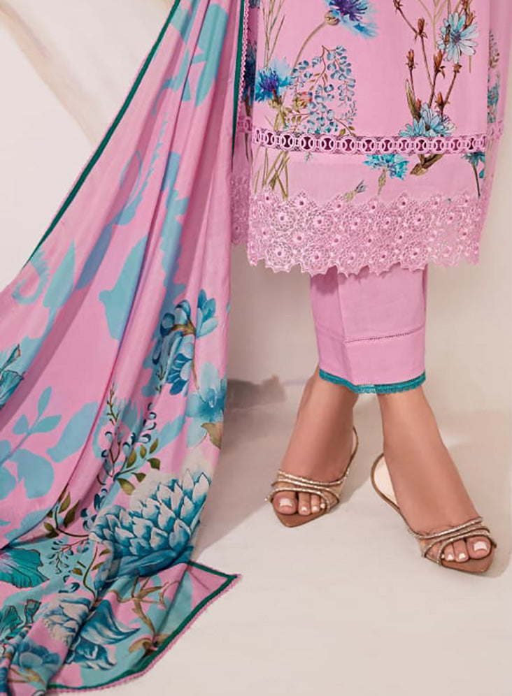 Pure Lawn Cotton Embroidered Pink Unstitched Salwar Suit for Women