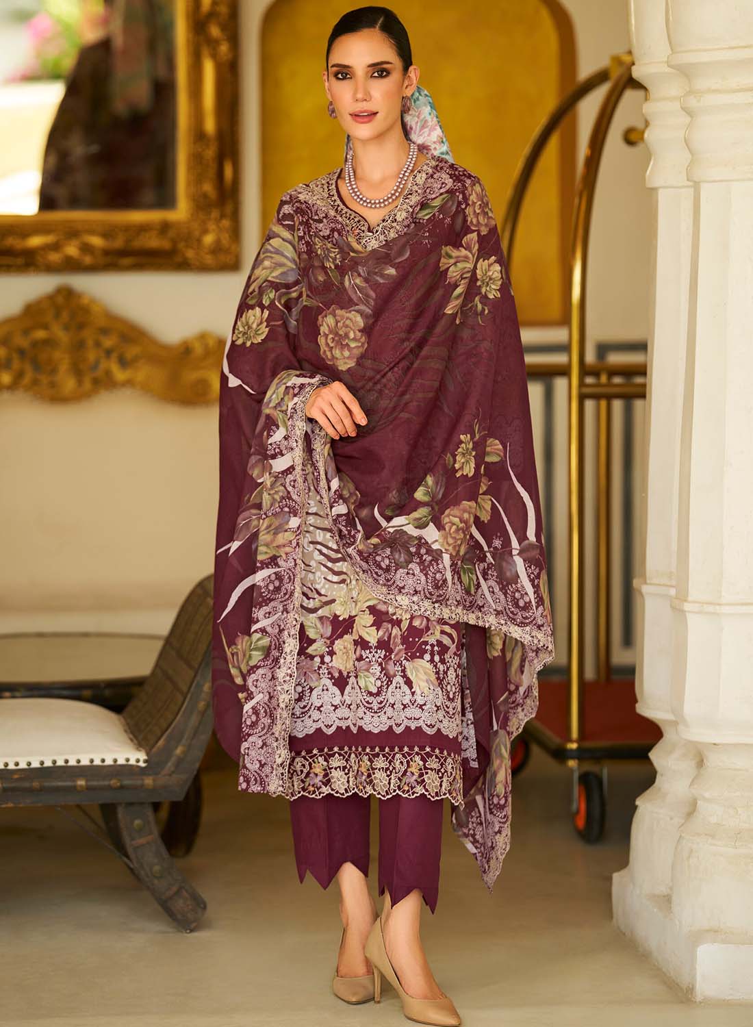 Maroon Unstitched Pakistani Cotton Suit Material for Women with Embroidery