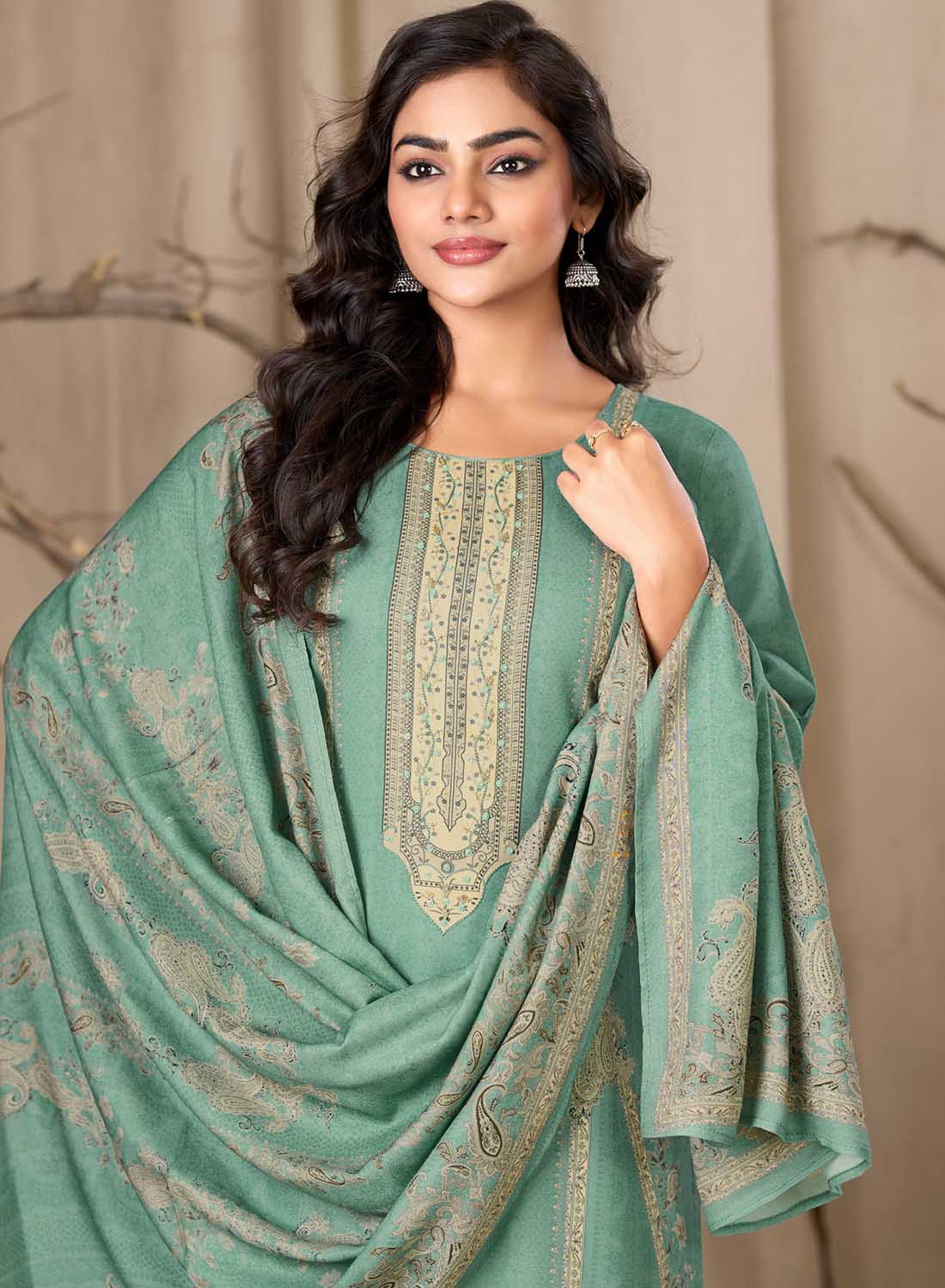 Unstitched Pashmina Printed Winter Salwar Suit Fabric Material for Women