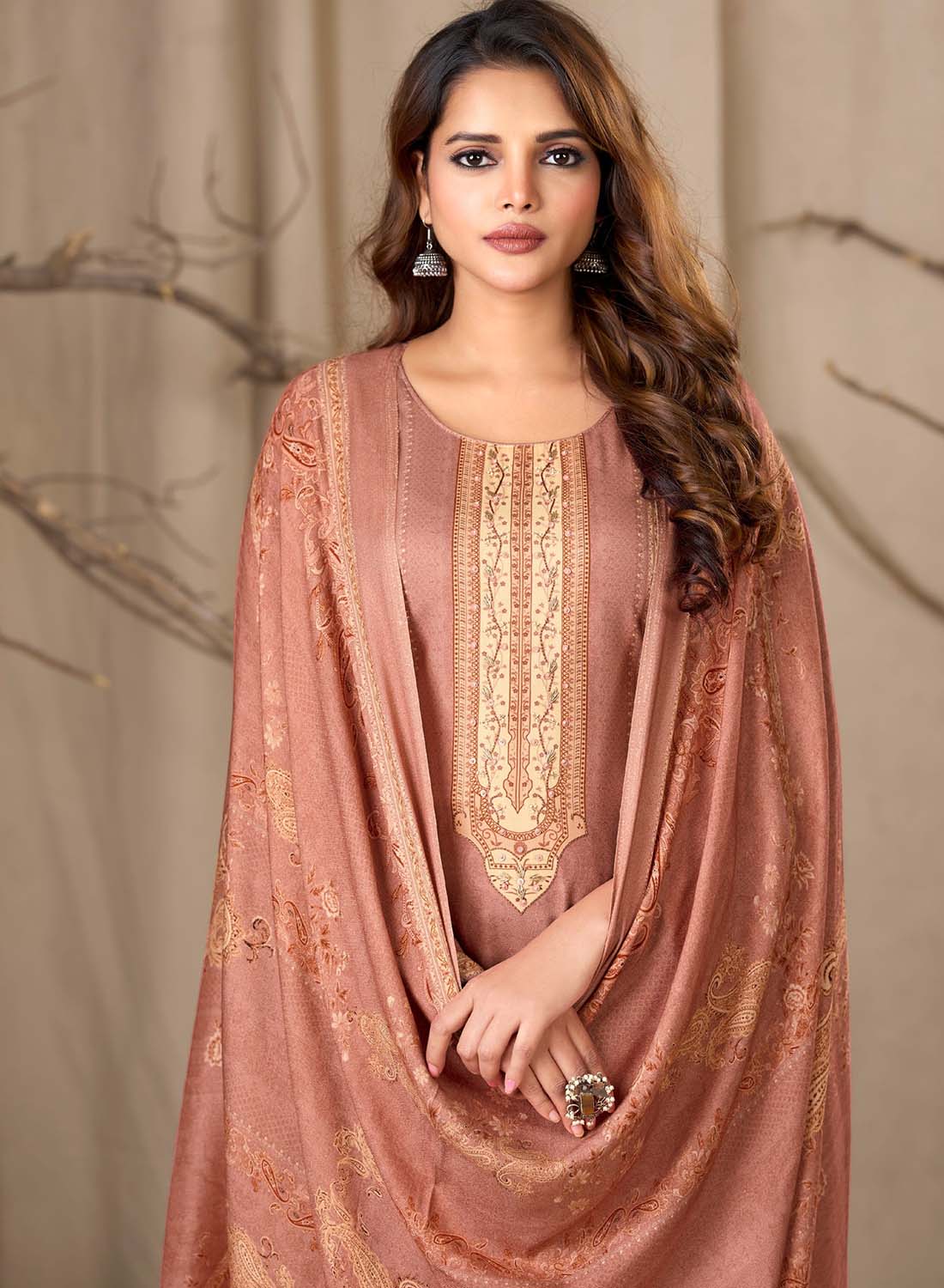 Unstitched Pashmina Printed Winter Salwar Suit Dress Material for Women