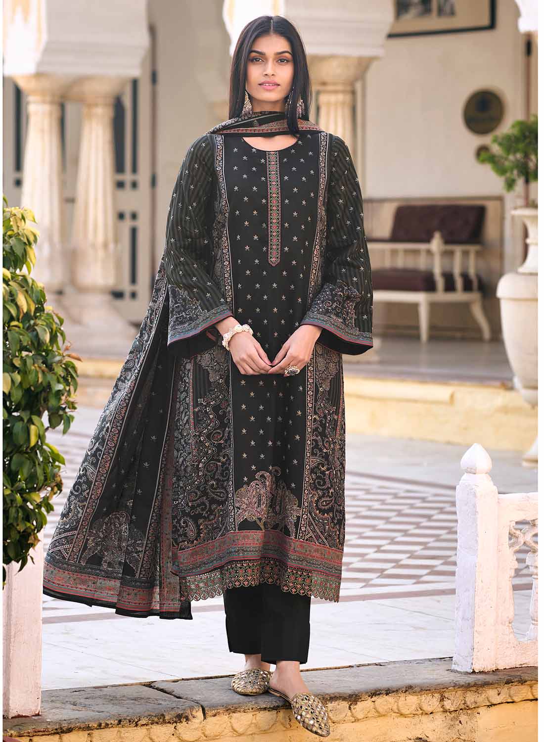 Mumtaz Arts Pure Cotton Satin Black Unstitched Suit Dress Material