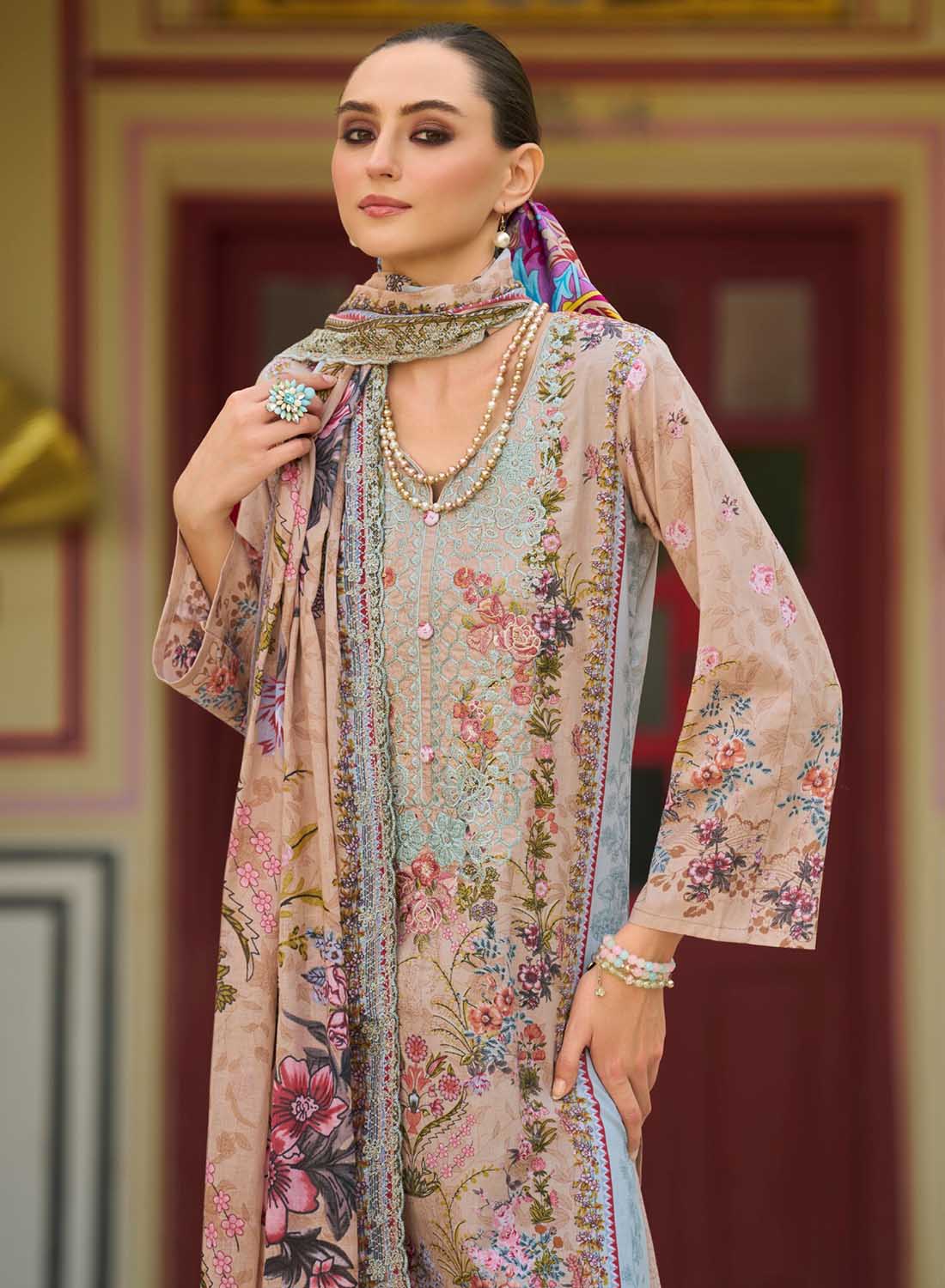 Unstitched Pakistani Cotton Suit Dress Material with Embroidery