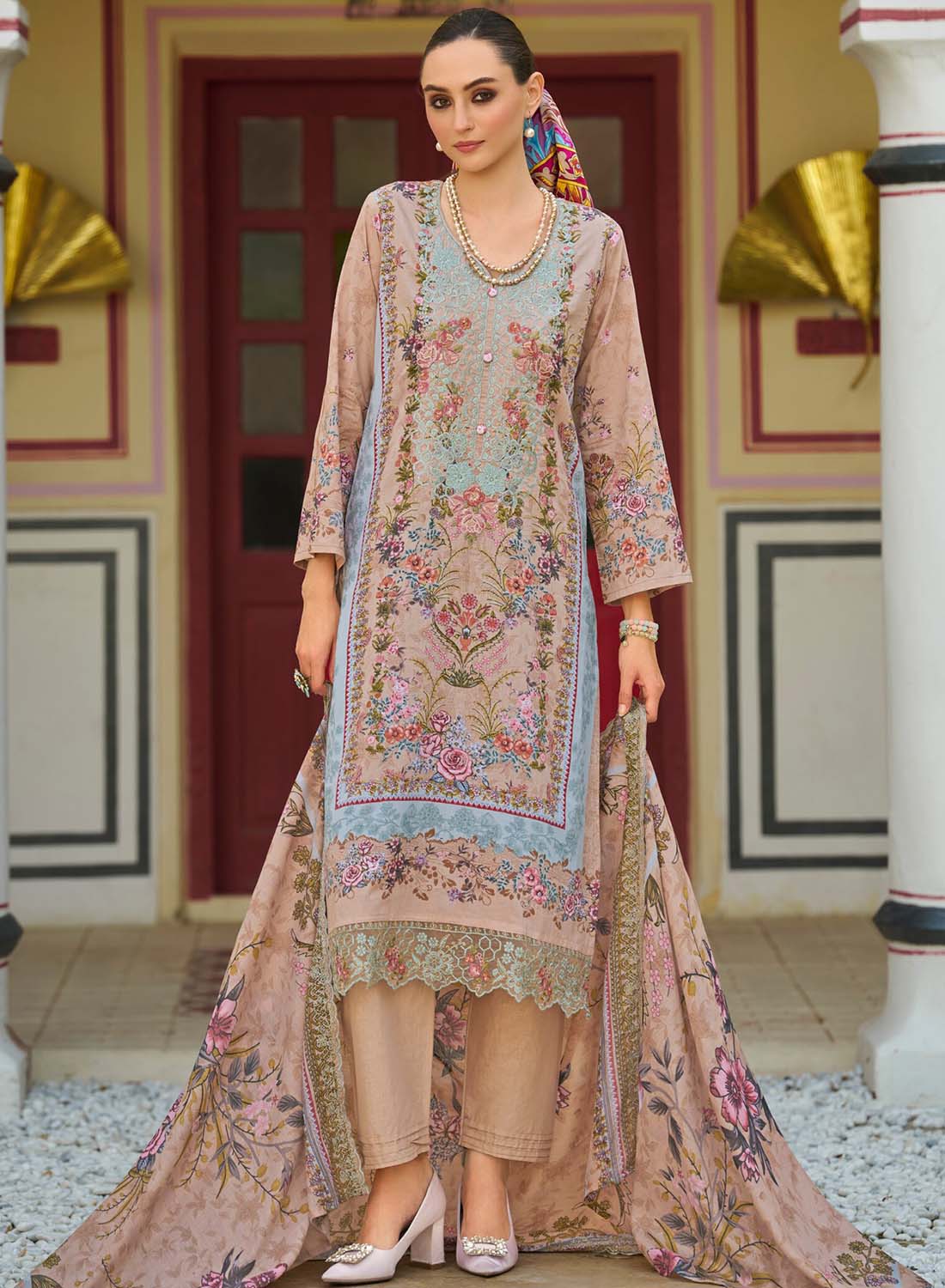 Unstitched Pakistani Cotton Suit Dress Material with Embroidery