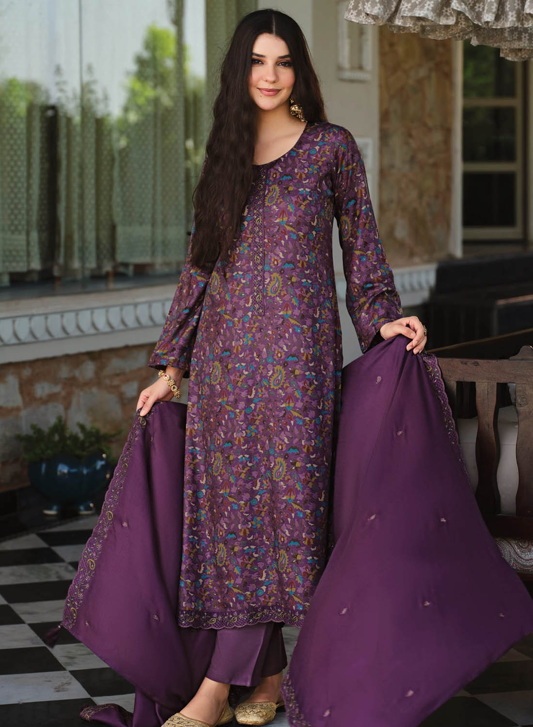 Purple Pure Viscose Pashmina Unstitched Winter Suit Material for Women