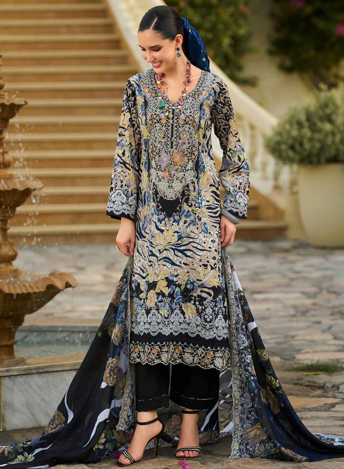 Black Unstitched Pakistani Cotton Suit Dress Material with Embroidery