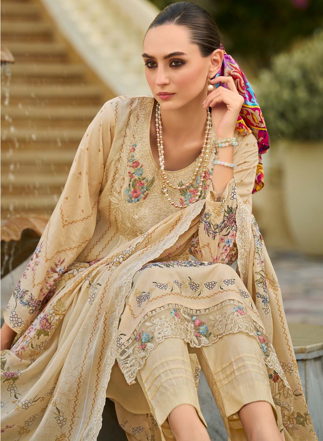 Beige Unstitched Pakistani Cotton Suit Dress Material with Embroidery