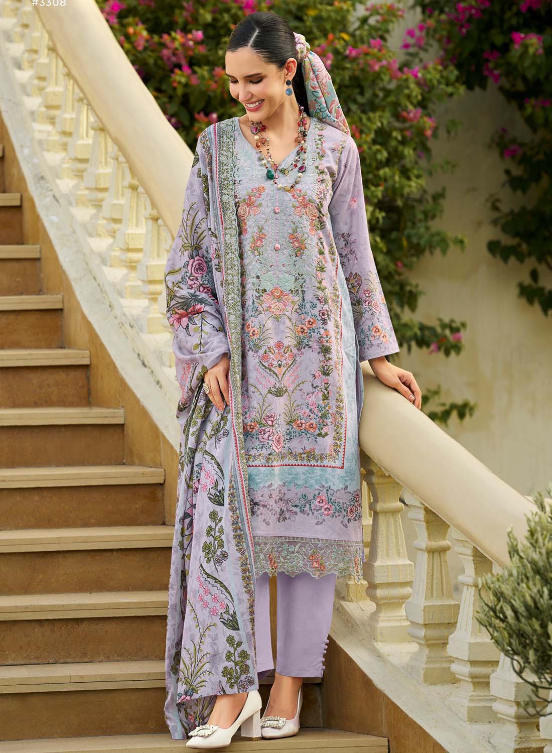 Purple Unstitched Pakistani Cotton Suit Dress Material with Embroidery