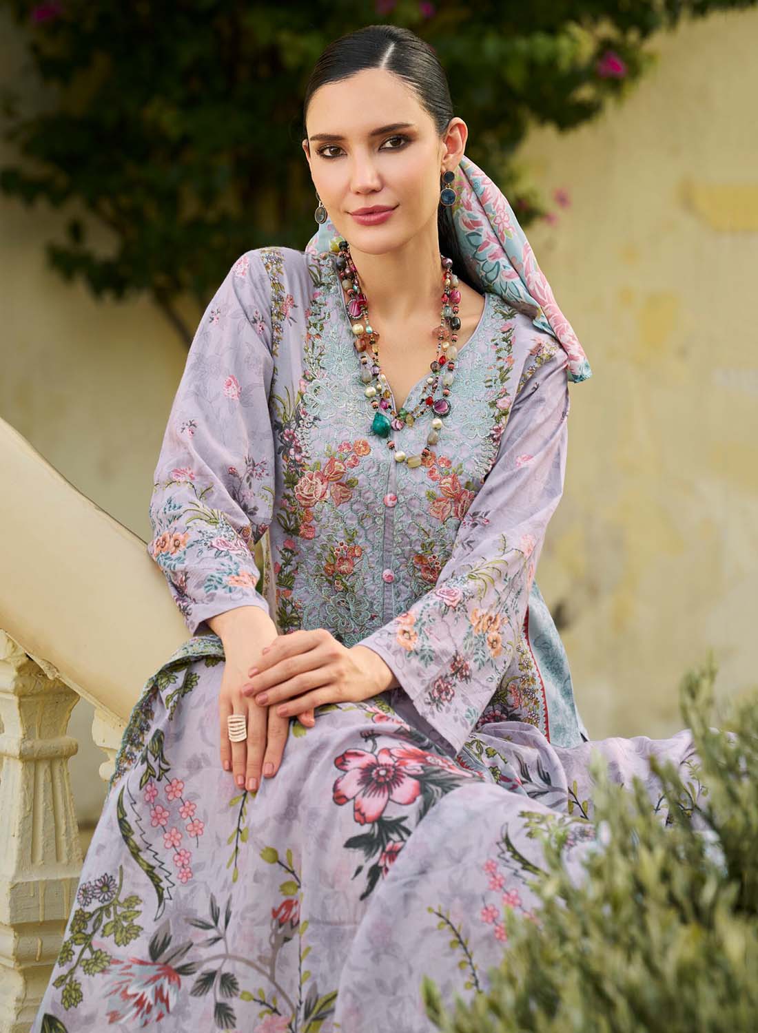 Purple Unstitched Pakistani Cotton Suit Dress Material with Embroidery