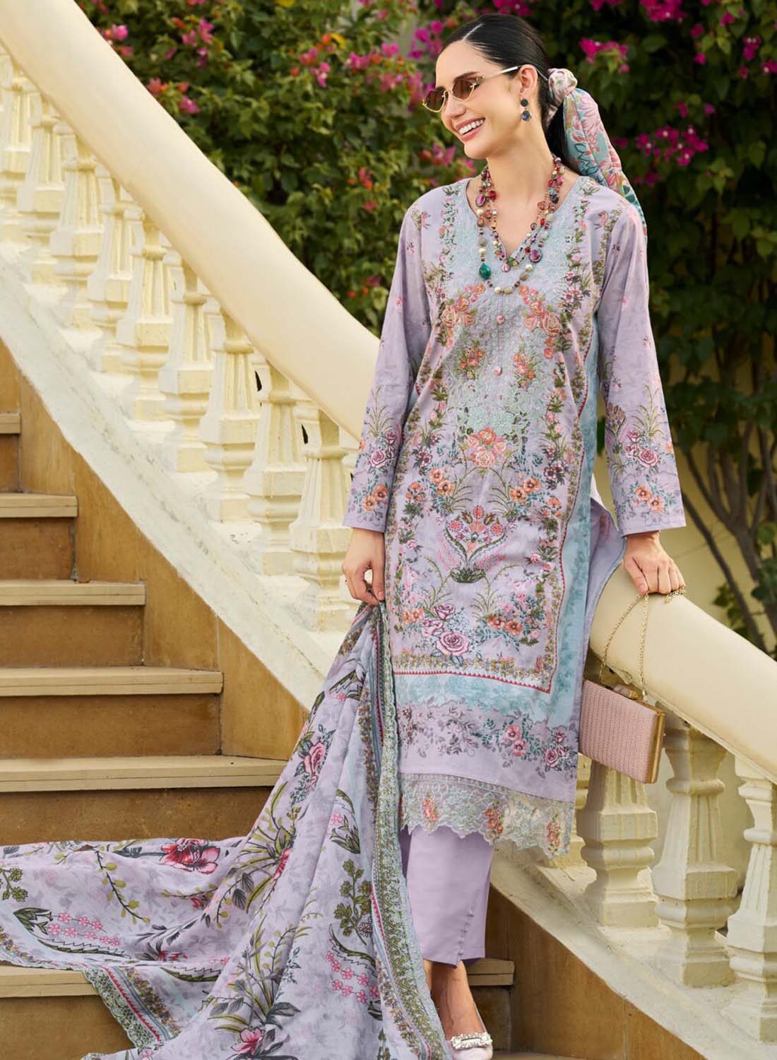 Purple Unstitched Pakistani Cotton Suit Dress Material with Embroidery
