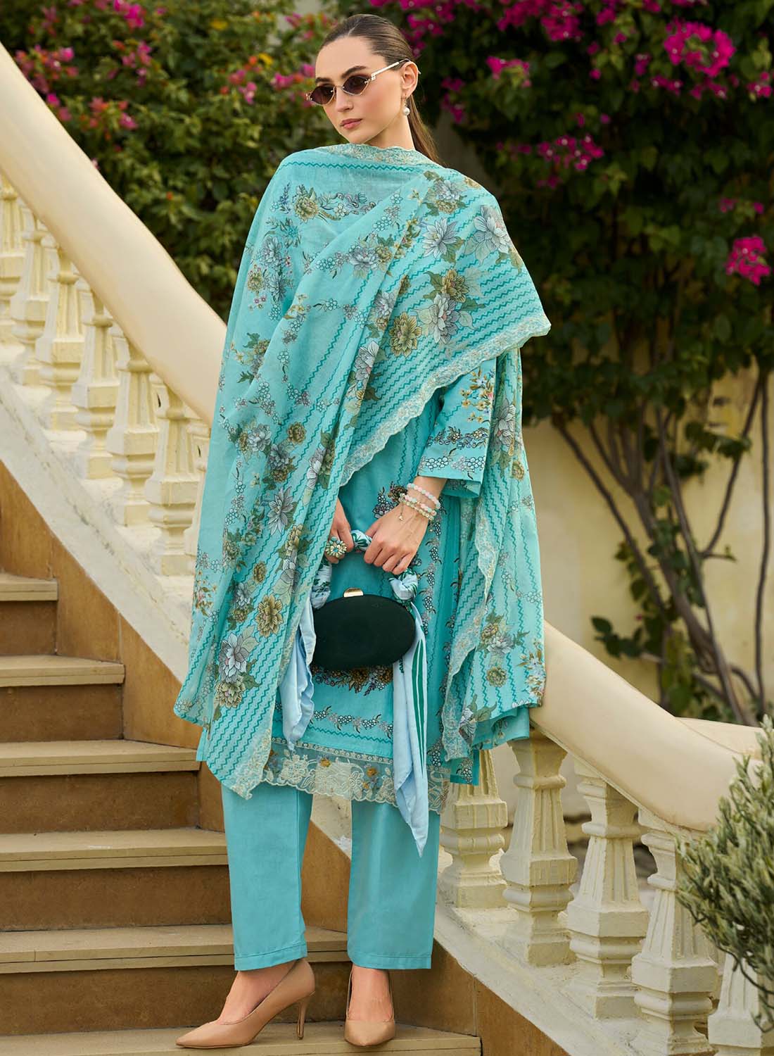 Women Unstitched Pakistani Cotton Suit Dress Material with Embroidery