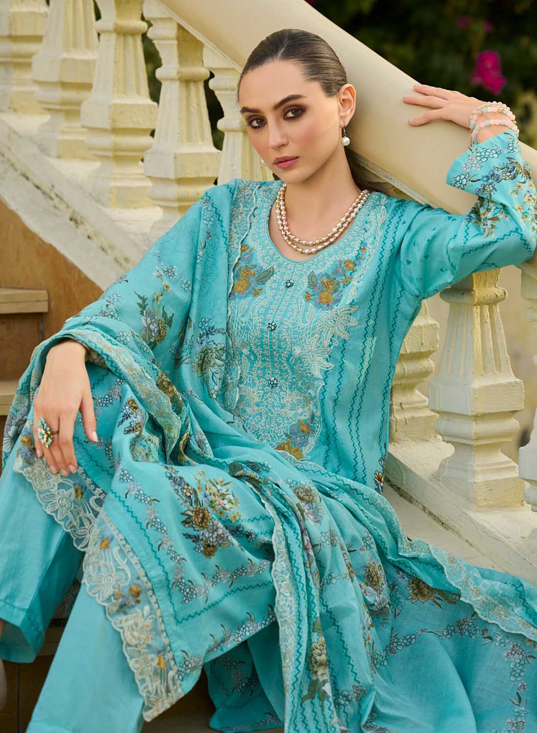 Women Unstitched Pakistani Cotton Suit Dress Material with Embroidery
