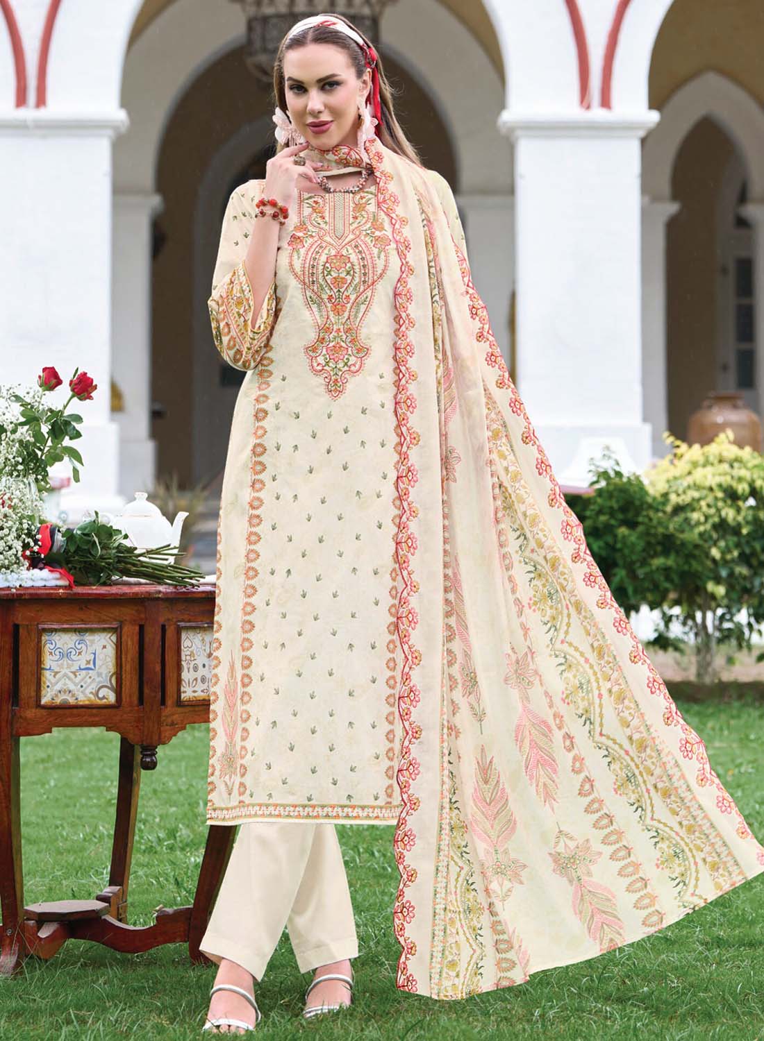 Pure Cotton Unstitched Pakistani Suit Material with Neck Embroidery