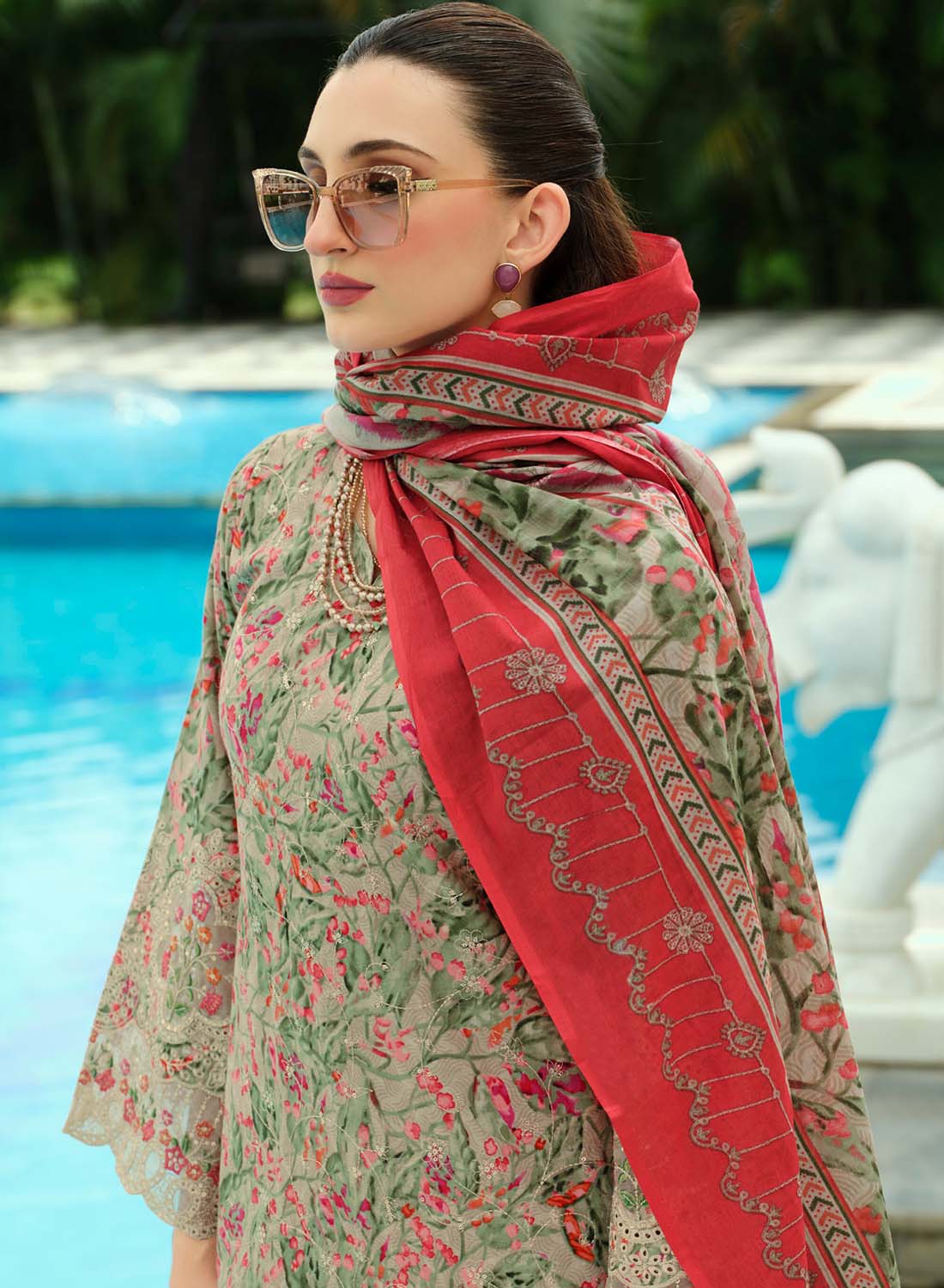 Pure Cotton Unstitched Pakistani Suit Material with Embroidery for Women Beige
