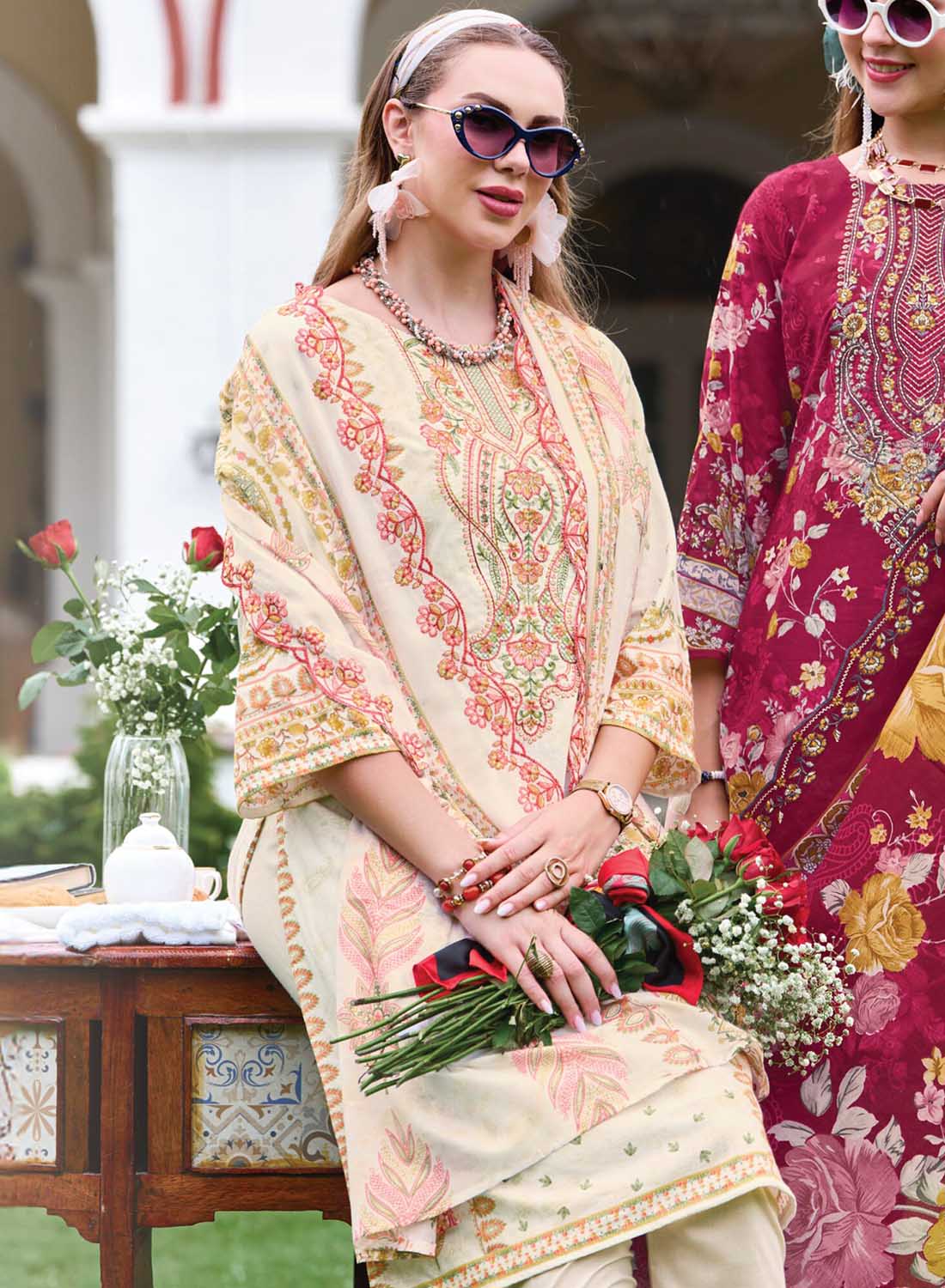 Pure Cotton Unstitched Pakistani Suit Material with Neck Embroidery