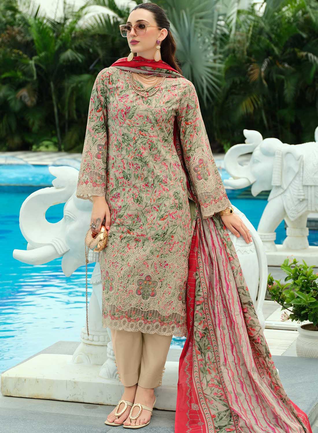 Pure Cotton Unstitched Pakistani Suit Material with Embroidery for Women Beige