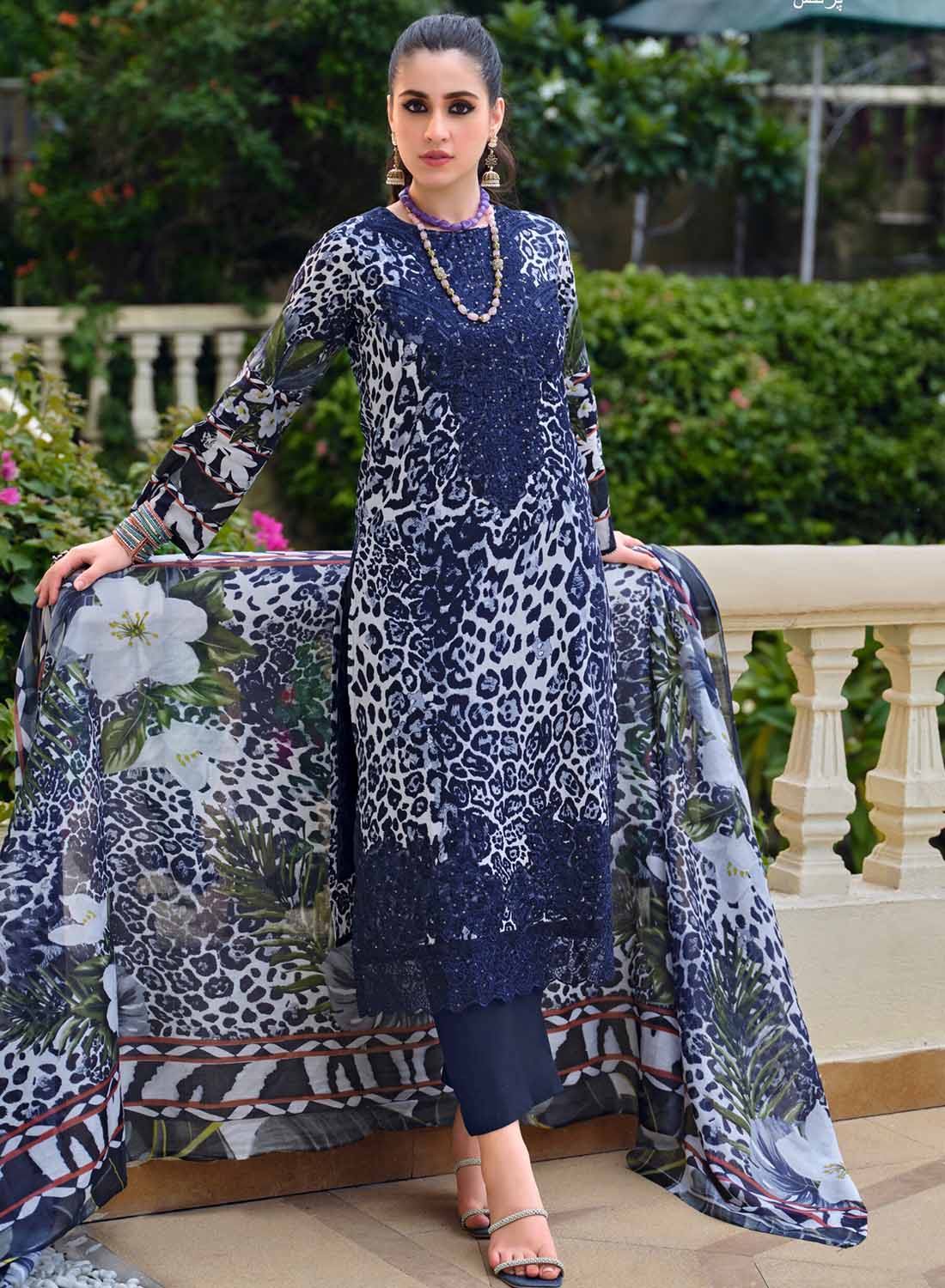Blue Unstitched Cotton Pakistani Suit Dress Material with Embroidery