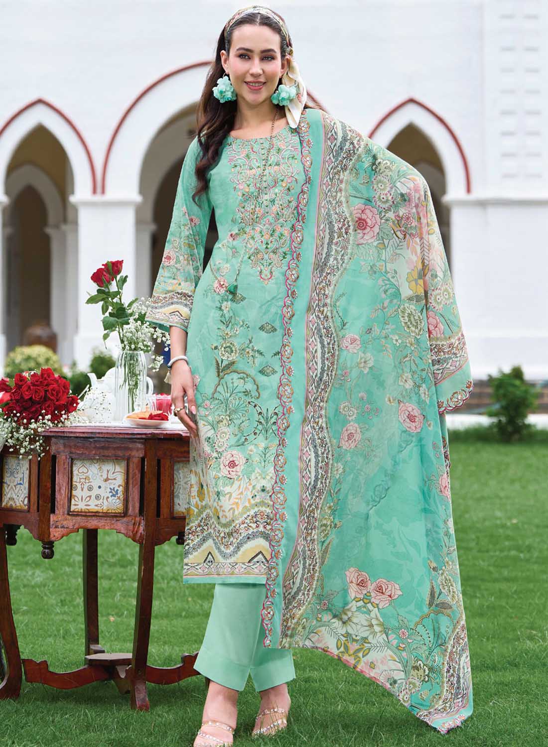 Pure Cotton Unstitched Pakistani Suit Dress Material with Neck Embroidery
