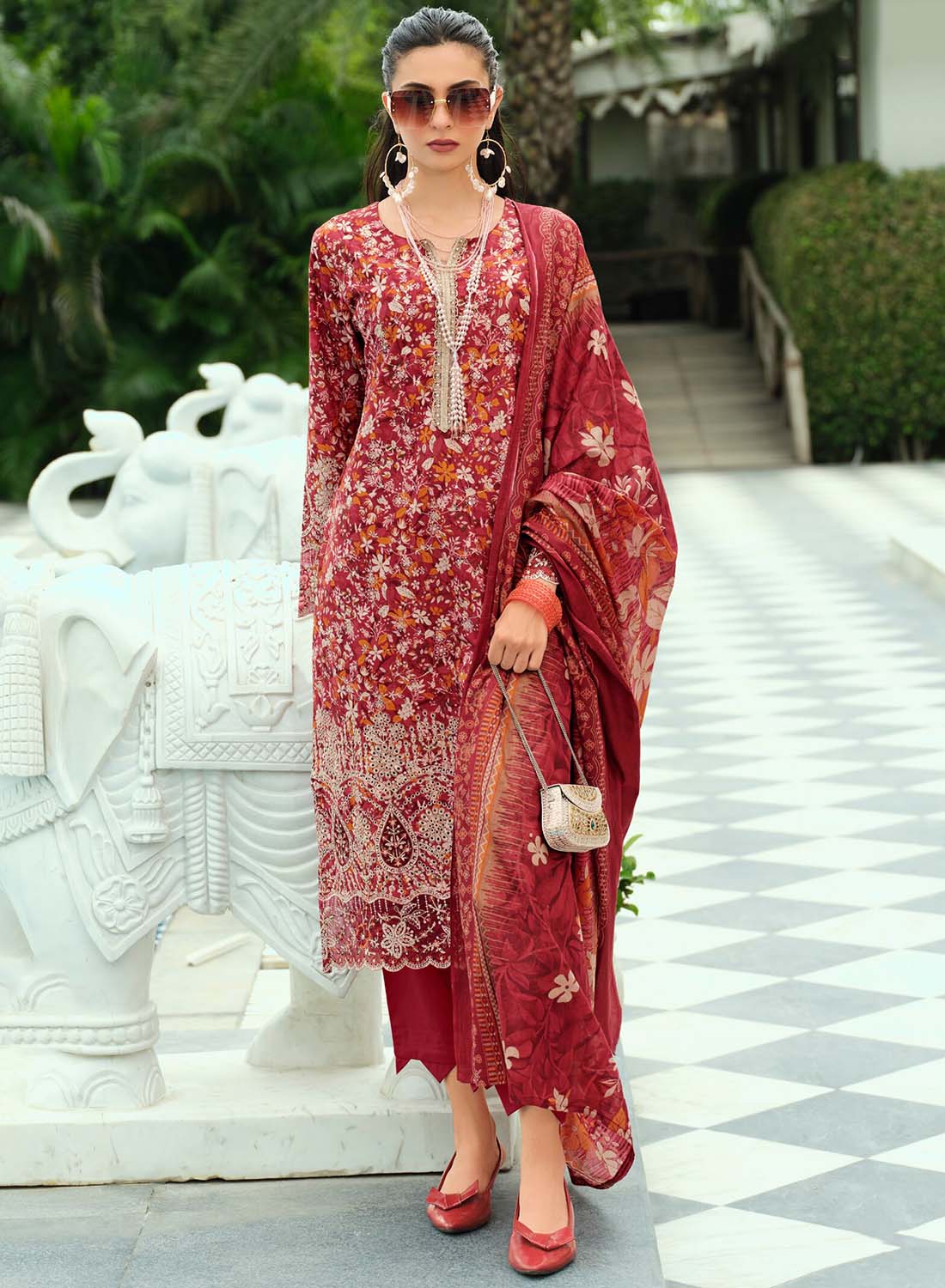 Pure Cotton Unstitched Pakistani Suit Material with Embroidery for Women Red