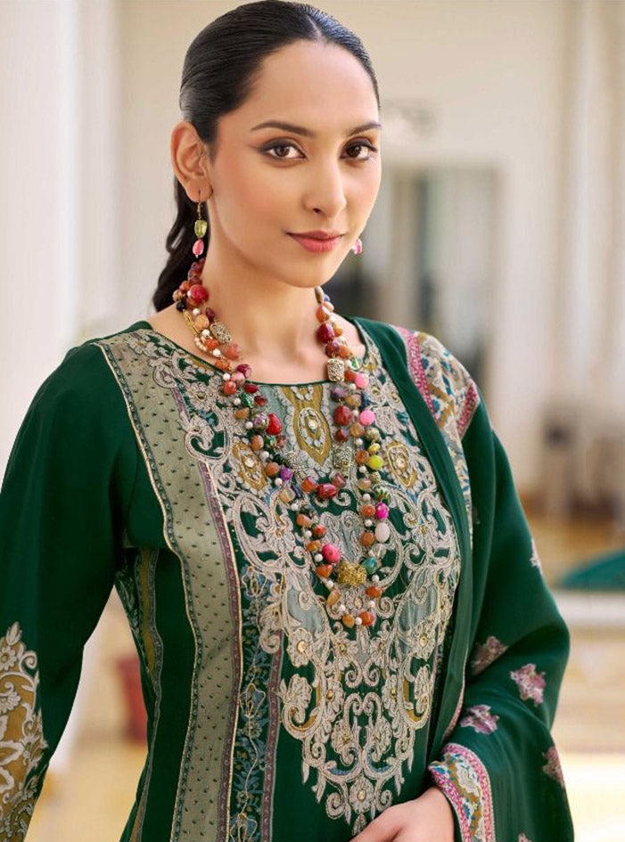 Green Muslin Pakistani Print Unstitched Salwar Suit Material for Women