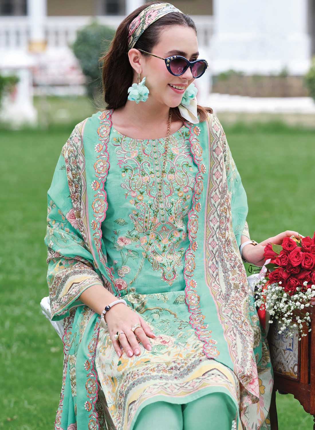 Pure Cotton Unstitched Pakistani Suit Dress Material with Neck Embroidery