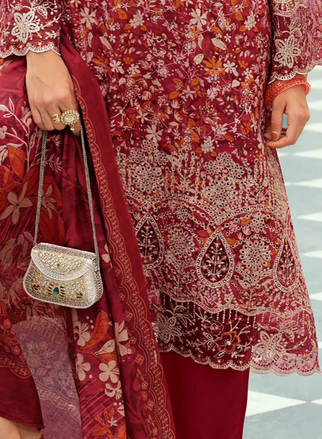 Pure Cotton Unstitched Pakistani Suit Material with Embroidery for Women Red