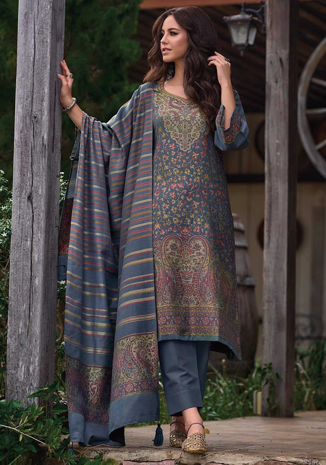 Pure Handloom Grey Unstitched Pashmina Winter Suits Set for Women – Stilento