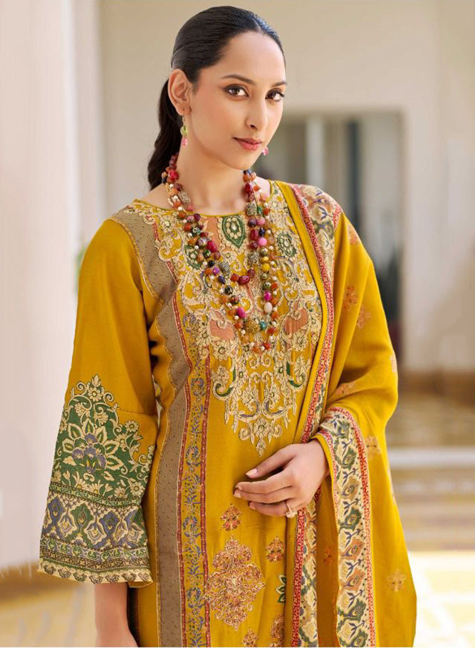 Pakistani Print Yellow Muslin Unstitched Salwar Suit Material for Women