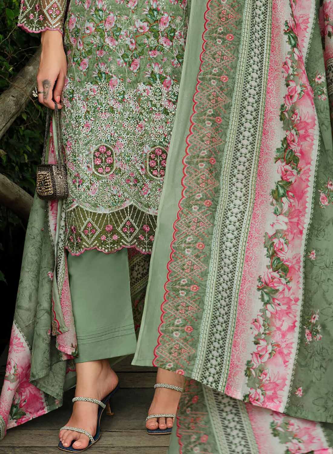 Pure Cotton Unstitched Pakistani Suit Material with Embroidery for Women Green